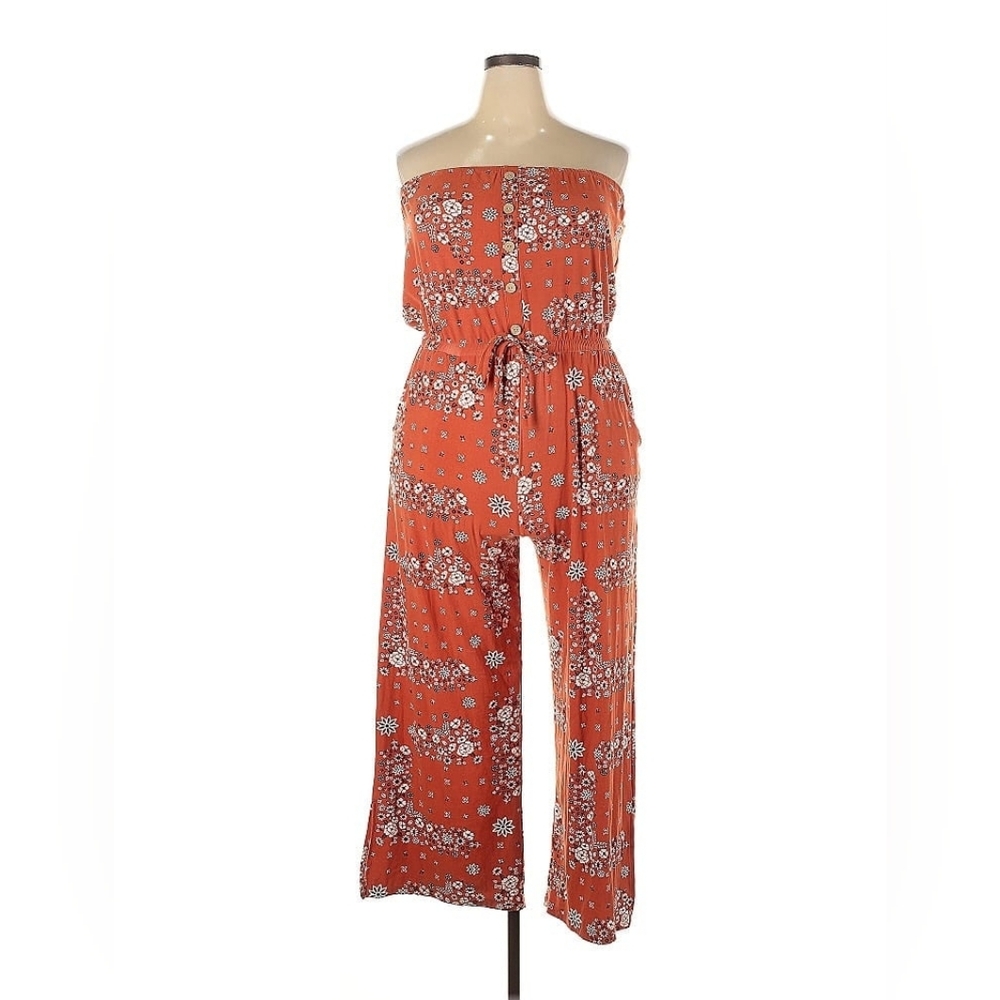 Orange Floral Black and White Soft Strapless Jumpsuit Size Large EUC
